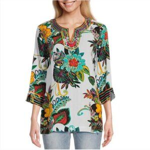 John Mark Tunic Top Size M Embroidered Tropical Floral Split V-Neck Vacation